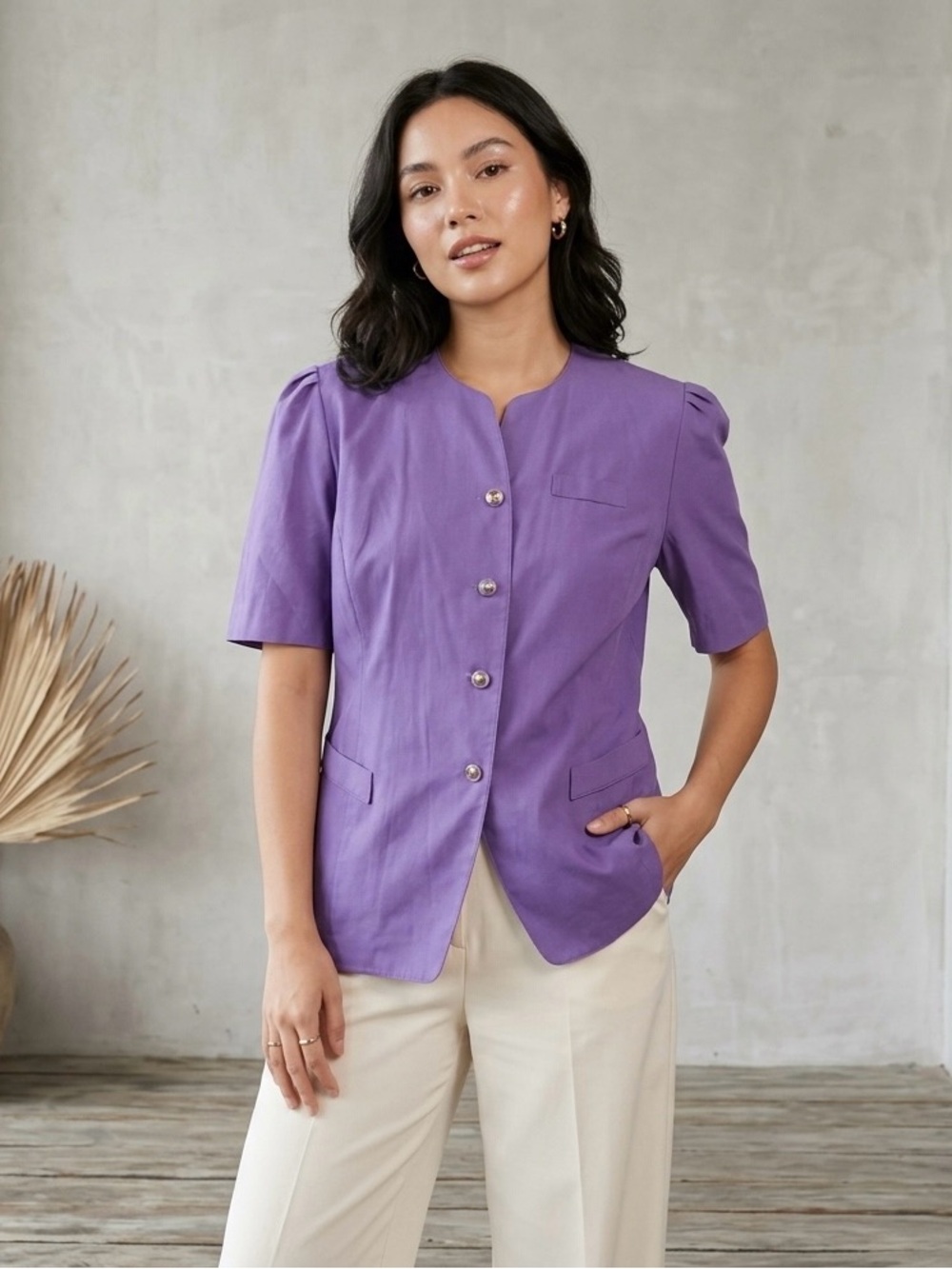 Short-Sleeve Purple Tailored Blazer Jacket - Women